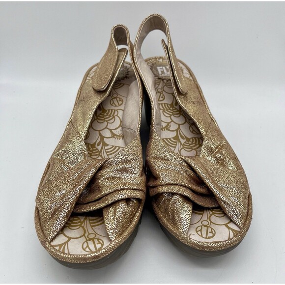 Fly London Yakin Wedge Sandals Gold Glitter Leather Peep Toe Shoes Size: 41 / 10 - Picture 1 of 9